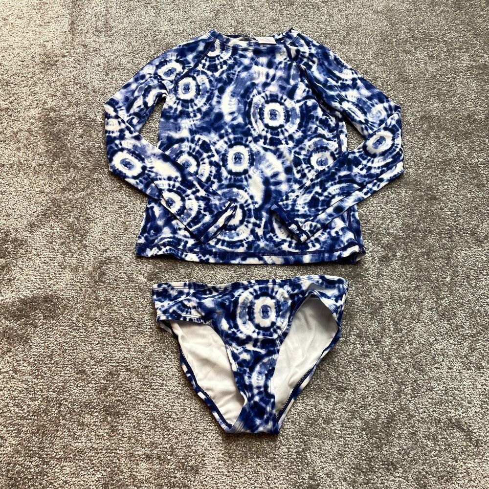 OKAMI Girls 10 Two Piece Swim Bathing Suit Set Blue White Long Sleeve Brief New